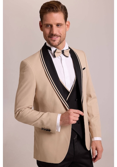 Ysf Erkek Bej Slim Fit Şal Yaka Yelekli Damatlık