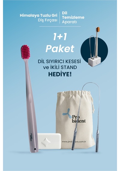 1+1 Paket Himalaya Tuzu Kaplamalı Gri Diş Fırçası+ Dil Temizleme+ Kesesi Ve İkili Stant Hediye