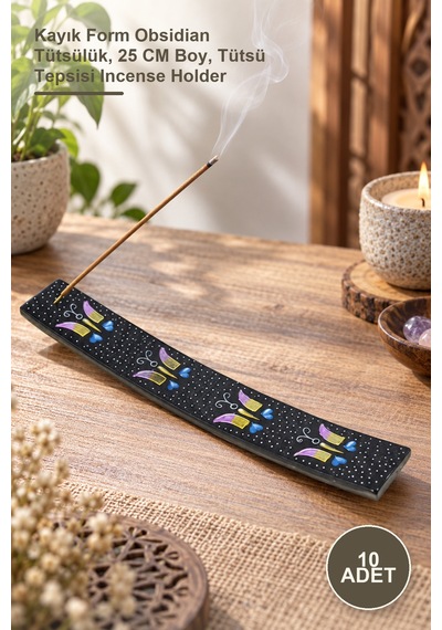 10 Adet Obsidian Taşı Kayık Tütsülük Kayık Form Obsidian Tütsülük, 25 Cm Boy, Tütsü Tepsisi Incense Holder