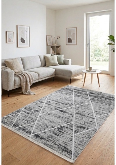 Classi Soft İnce Saten Bambu Halı Kaymaz Taban Yıkanabilir Modern Salon Mutfak Koridor Halısı Gri