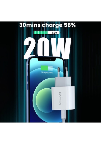 Ugreen 20W PD Şarj Cihazı ve Type-C to Lightning Apple Uyumlu iPhone Data Şarj Kablosu 1 Metre