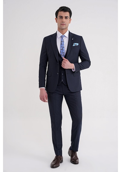 Efor Slim Fit Mono Yaka Çift Yırtmaç Armürlü Esnek Yünlü Lacivert Yelekli Klasik Takım Elbise Tk 933 Lacivert