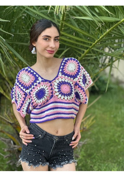 Gönülden Tasarım El Örgüsü Etnik Kadın Crop Bluz Mor