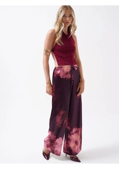 Defymoda Bel Lastikli Desenli Saten Pantolon Bordo