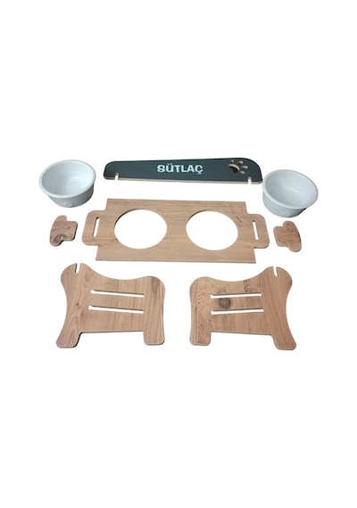 Realwood Özel İsimli Seramik Kaseli Ahşap Kedi Köpek Mama Su Kabı Stant