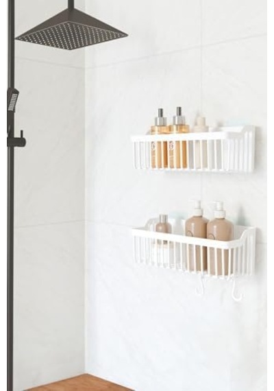 Banyor Yapışkanlı Banyo Rafı, 2'li Banyo Düzenleyici Organizer Duş Şampuanlık, Plastik Beyaz Açık Ahşap