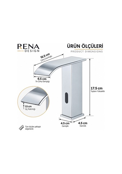 Rena Design Fotoselli Sensörlü Krom Kare Lavabo Bataryasi Temassiz Otomatik Tasarruflu Modern Musluk