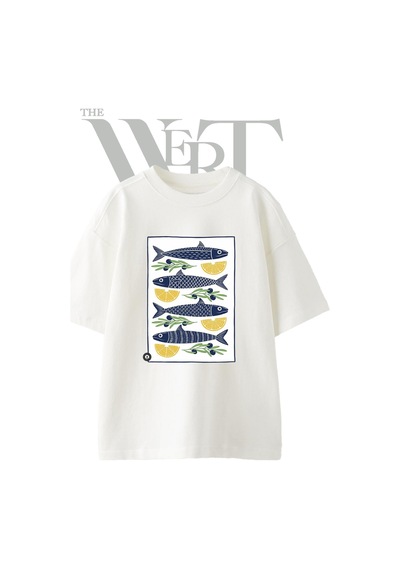 Thewert Sardalya Limon Zeytin Tasarım Baskılı Ünisex Beyaz Oversize T-shirt