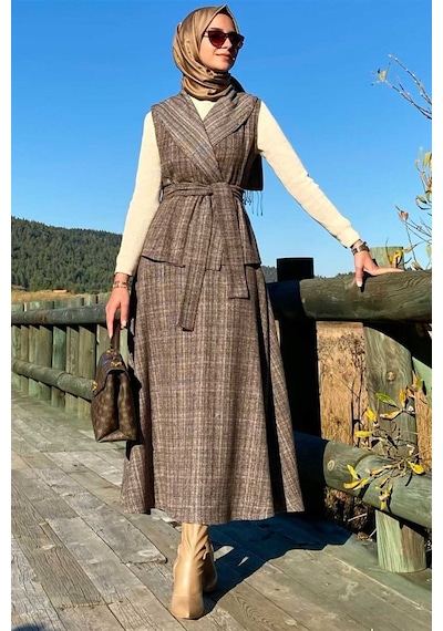 Rabia Şamlı Azize Etek Yelek Takım Kahverengi Çok Renkli