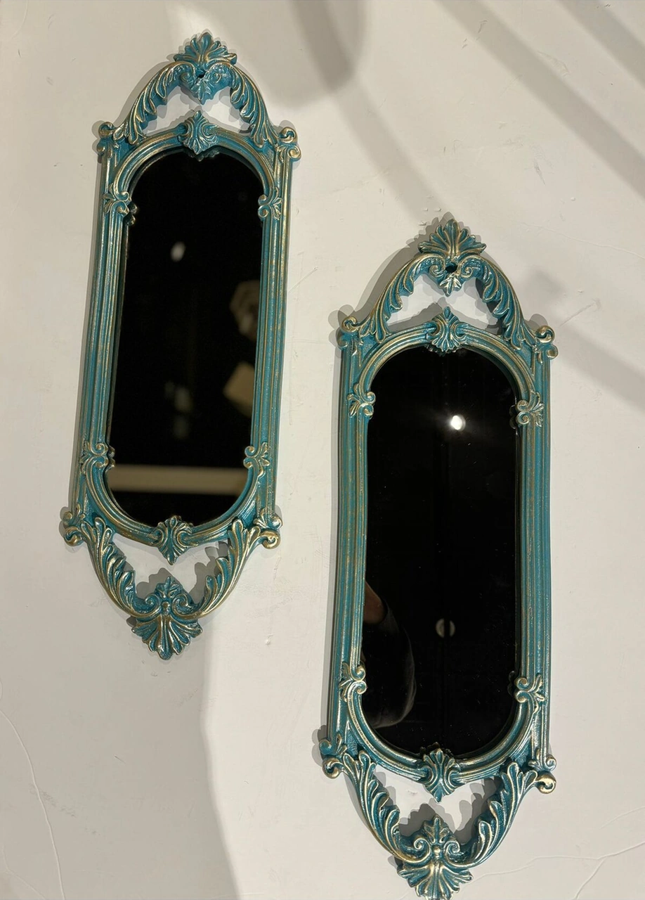 Dekoratif Polyester Ikili Niş Dikdörtgen Ayna Takımı Turkuaz Eskitme