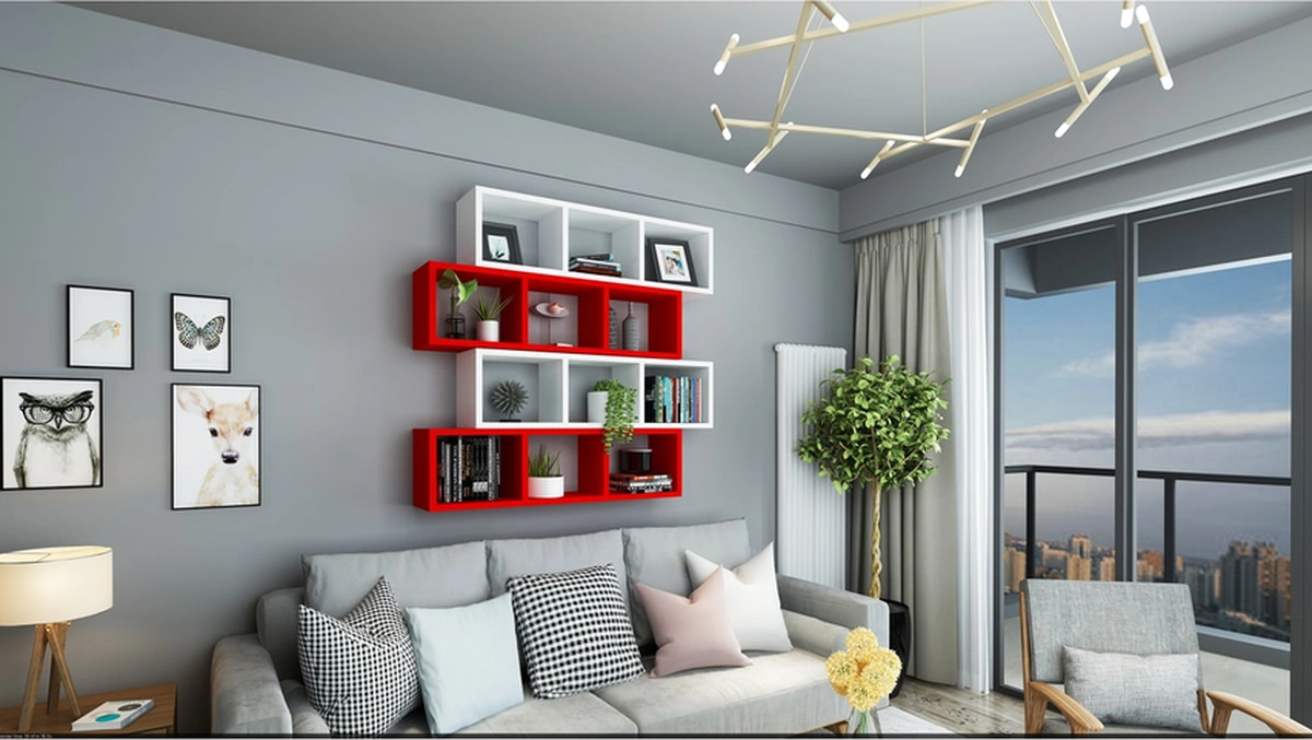 Kitaplık Lux Yatay Duvar Rafı Kırmızı Beyaz 4 Lü Takım Kırmızı Beyaz