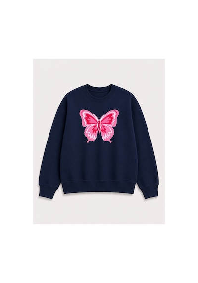 Herkesemoda Kelebek Baskı Detaylı Şardonlu 2 İplik Bisiklet Yaka Sweatshirt Lacivert