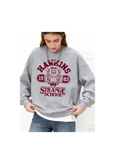 Startmore Startmorehawkins Strange School Baskılar Tişörtü Kadın Kış Polar Sıcak Kapüşonlular Bisiklet Yaka Jogg Gri