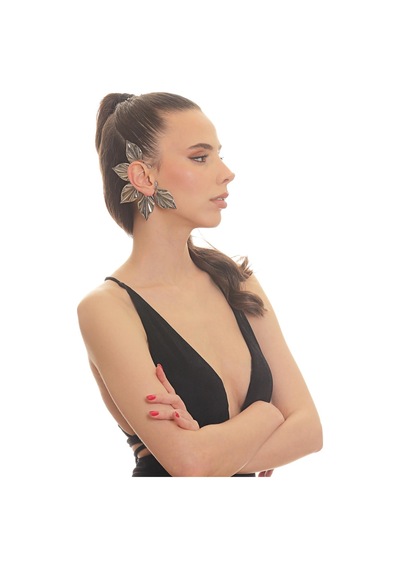 Kadın Gümüş Renk Lak Kaplama Zirkon Taşlı Yaprak Stilizesi Sağ Kulak Earcuff&kıkırdak Küpe Çok Renkli