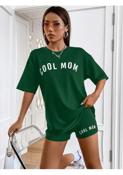 Cool Mom T-shirt - Yeşil Baskılı Oversize Bisiklet Yaka Kısa Kol Tişört Yeşil