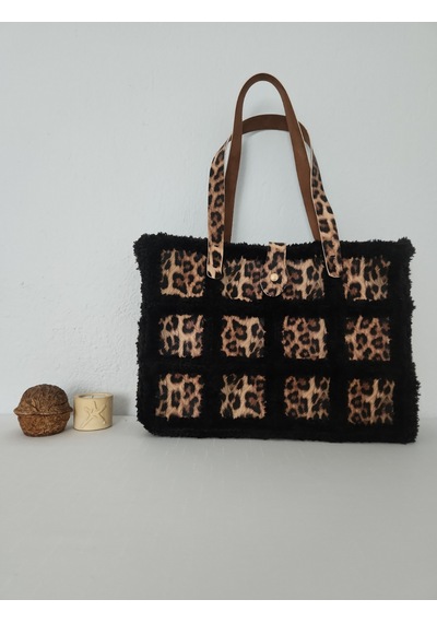 Fikriharika Design Leopar Desenli, Kürk İp, Büyük Boy, Kadın Omuz Çantası Siyah - Leopar