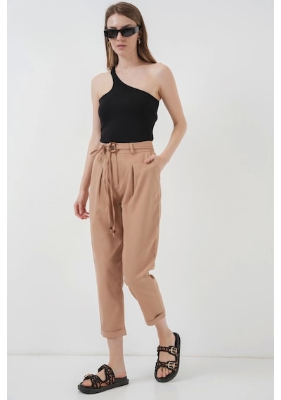 Defymoda 6660 Kemerli Keten Pantolon - Bisküvi Bisküvi