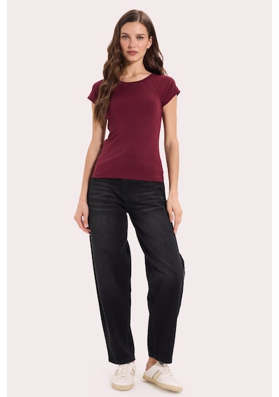 Tudors Kadın Slim Fit Dar Kesim Bisiklet Yaka Reglan Kol %100 Pamuk Bordo Tişört Bluz-51067