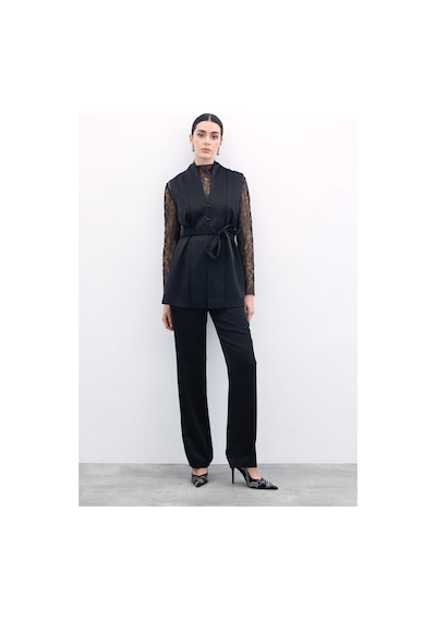 Sateen Kuşaklı Saten Yelek - Siyah-135849 Siyah