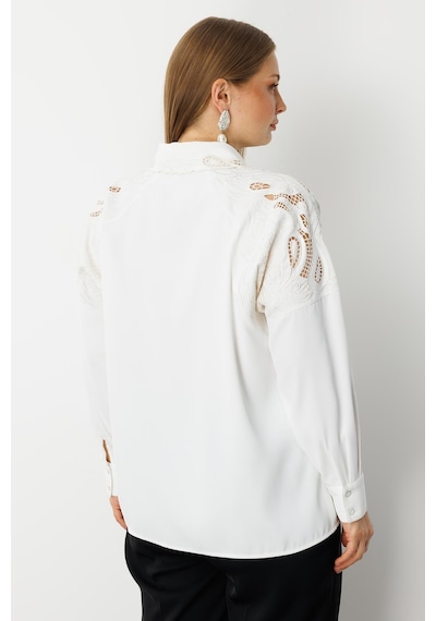 Moda İlgi Kadın Büyük Beden Nakış Detaylı Oversize Gömlek 0041 Ekru Ekru
