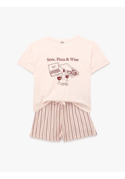 Koton Pamuklu Baskılı Kısa Kollu Şortlu Pijama Takımı Pembe 6slk40213mk Gül