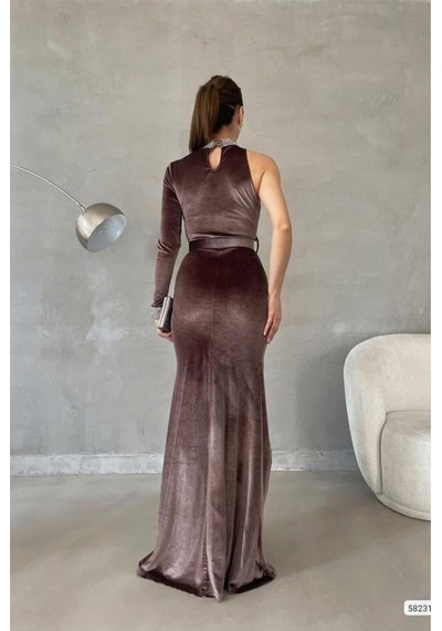 Lior Design Kadın Gösterişli Esnek Saten Kumaş Tek Omuz Yırtmaçlı Abiye Elbise Vizon