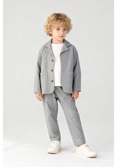 Erkek Çocuk Pamuklu Gri Klasik Ceket Takım - Blazer Ceket & Pantolon + 3'lü T-shirt Set Gri