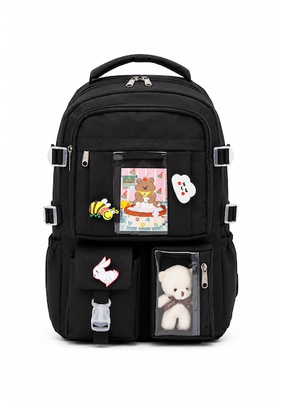 Quovo Kawaii Bag Club Kore Tarzı Full Aksesuarlı Ortopedik Günlük Yeni Okul Sırt Çantası Siyah