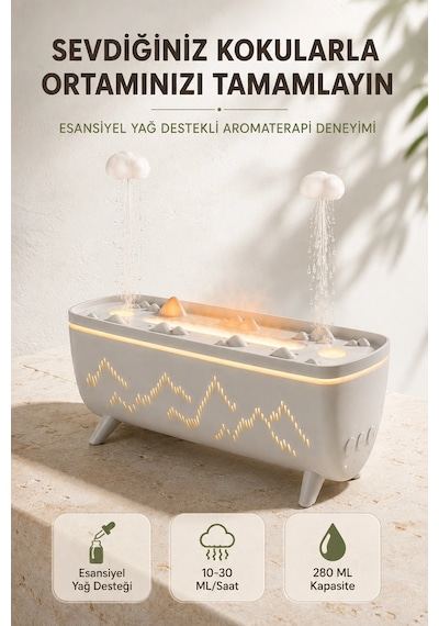 Mey İthalat Ultrasonik Hava Nemlendirici Aromaterapi Difüzörü Jöle Yağmur Efektli Led Işıklı 280 Ml