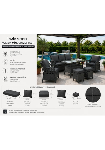 Rattan Bahçe Ve Balkon Takımı 3+1+1 Minder Kılıfı Seti Antrasit