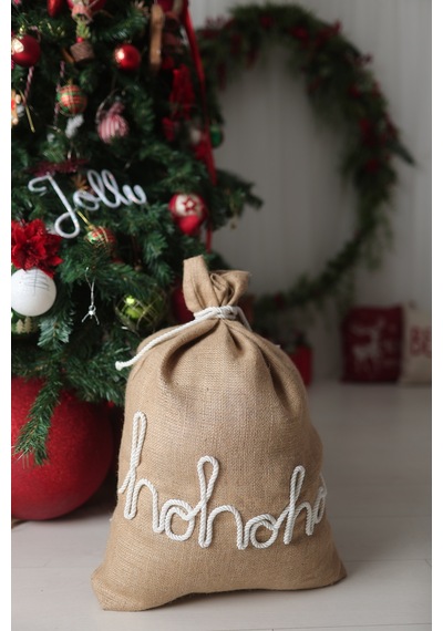Jüt Ho Ho Ho Süslemeli Yılbaşı Hediye Çuvalı Kahverengi - 668487539