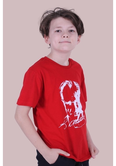 Panios Kids Imzalı Atatürk Baskılı Unisexs T-shırt Kırmızı - Beyaz