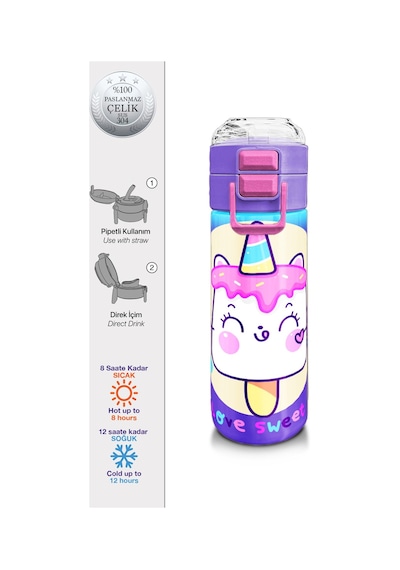 Coral High Kids Renkli Batik Unicorn Dondurma Desenli Pipetli Ve Direkt İçim Çelik Termos 500 Ml 31801 1 Kat Pembe
