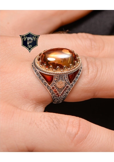 Gümüş Erkek Yüzük Şampanya Topaz Taşlı Zirkon Taş Süslemeli (537125177)