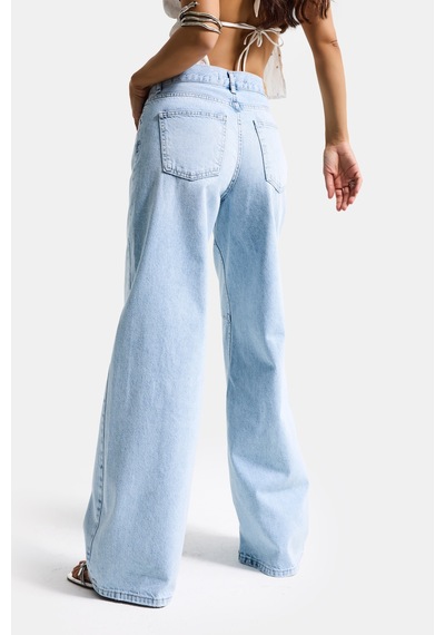it's basic Kadın Ice 4s6-3 Wide Leg Barrel Fit %100 Koton Denim Jean Buz Mavi