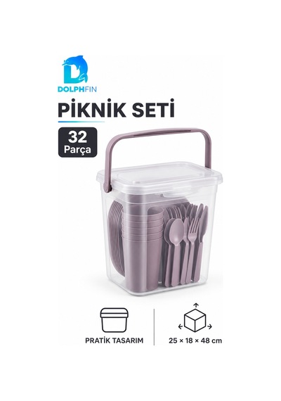 Piknik Seti 32 Parça 6 Kişilik Taşıma Kutulu Plastik Tabak Çatal Kaşık Seti Çok renkli