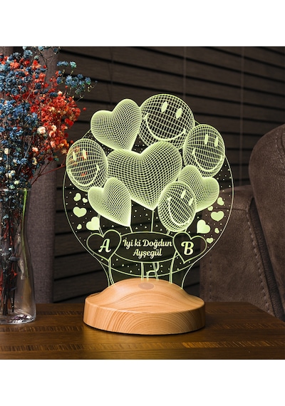 Kişiye Özel Doğum Günü 3D Smiley Kalpler Led Lamba