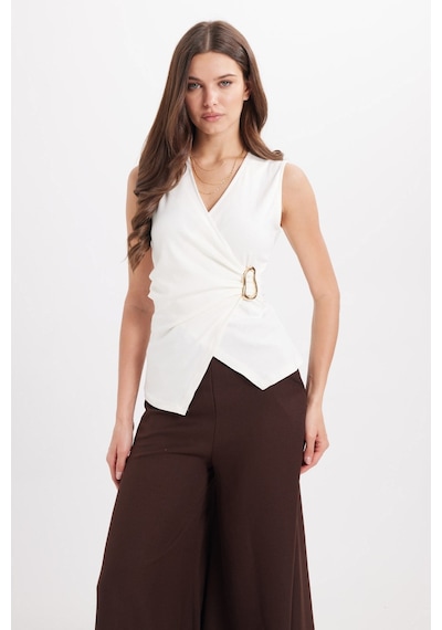 Tudors Kadın Slim Fit Dar Kesim Pamuklu Sıfır Kol Kruvaze Yaka Büzgülü Ekru Bluz-50948