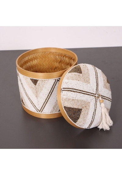Bali Boncuklu Bambu Saklama Kutusu L 20x23 Cm Beyaz