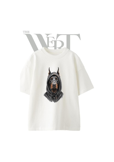 Thewert Doberman Hoodie Tasarım Baskılı Ünisex Beyaz Oversize T-shirt