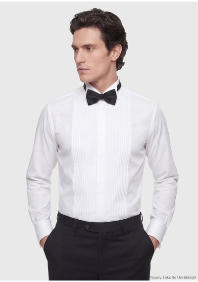 Ramsey Beyaz Düz Slim Fit Duble Manşet Smokin Gömlek beyaz white