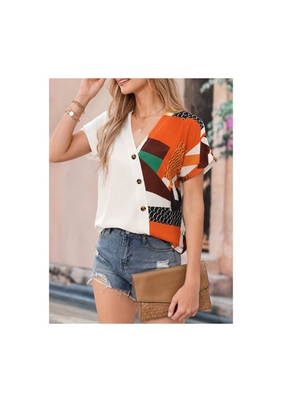 Butik İstanbul Kadın Kısa Kollu V Yaka Düğmeli Desenli Atlas Bluz Turuncu