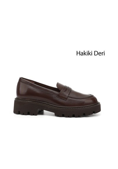 Gönderi(R) Gönderi R Kahve Antik Kalın Topuklu Hakiki Deri Loafer Ayakkabı Kahve