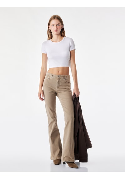 Koton Pamuklu Dar Kesim Yüksek Bel Cepli Düğmeli İspanyol Paça Pantolon - Flare Jeans Kahverengi 7wal40005mw Kahve