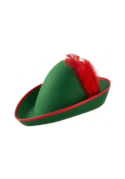 Yeşil Peter Pan Robin Hood Şapkası Kırmızı Tüylü Kenar Biyeli Parti Kostüm Sahne Aksesuarı