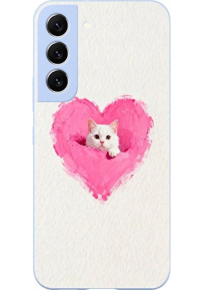 Samsung Galaxy S22 Uyumlu Pembe Kalpli Kedi Baskılı Silikon Kılıf Renkli