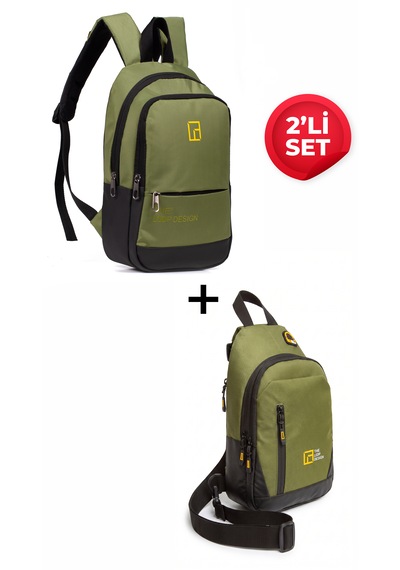 Esvelans Unisex Mini Sırt Çantası Ve Çapraz Askılı Göğüs Omuz Çantası Body Bag Set Haki