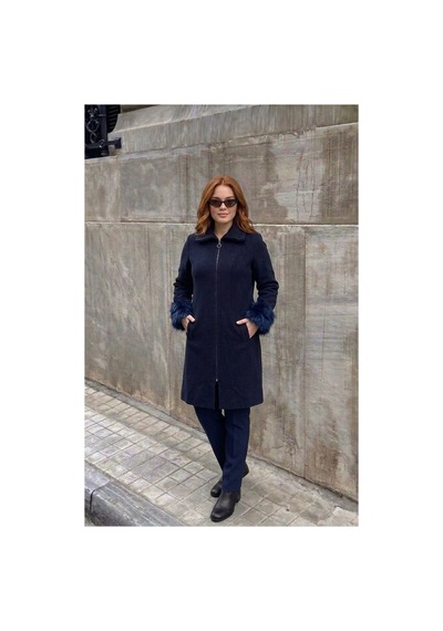Onno Style Women Kol Ağzı Kürklü Çelik Örgü Triko Kadın Kaban Lacivert