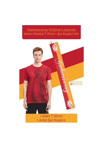 Galatasaray Lisanslı Aslan Baskılı T-shirt + Şal Kaşkol Set Ahşap Kutulu 105 Kırmızı