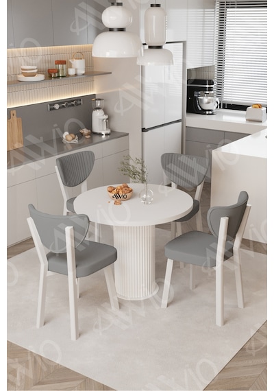 Avvio Elma Yuvarlak Beyaz Mutfak Masa 4 Adet Sandalyeli Takım 90x90 Cm Gri
